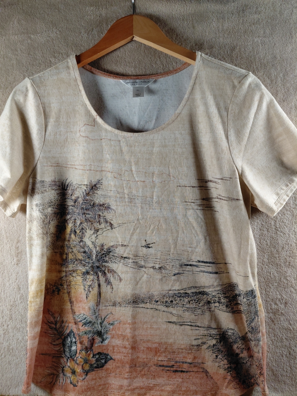 Christopher & Banks Petite Crewneck Beach Tee - Cream & Tan Trim A146